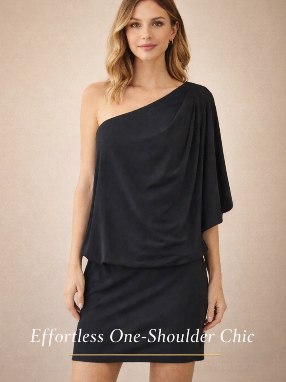 JS Boutique One-Shoulder Black Cocktail Dress with Draped Sleeve